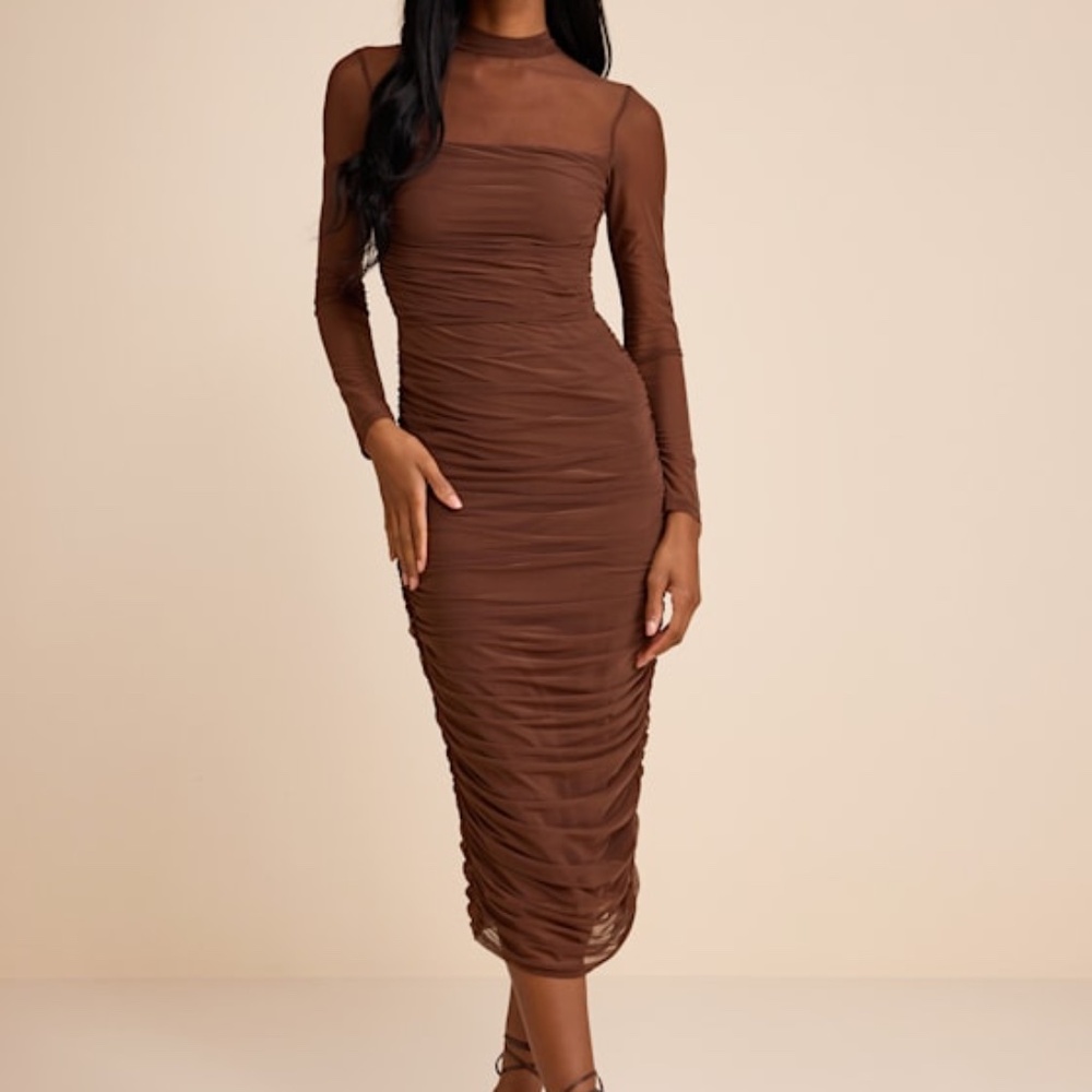 Lulus Impressive Flirt Brown Mesh Ruched Mock Neck Midi Dress - Size S